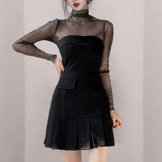 Set: Long-sleeve Glitter Mesh Top + Strapless Mini A-line Dress