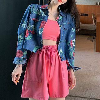 Cropped Camisole / Drawstring Shorts / Flower Print Denim Button Jacket / Set