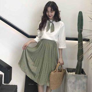 Set: Elbow-sleeve T-shirt + Polka Dot A-line Skirt + Neckerchief