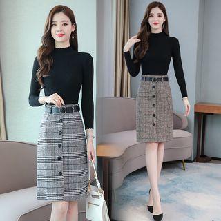 Set: Knit Top + Glen Plaid Straight Fit Skirt