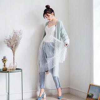 Set: Tie-detail Sheer Lace Dress + Slipdress