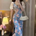 Puff-sleeve Top / Flower Print Denim Camisole Top / Midi Pencil Skirt