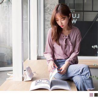 Bow Accent Puff Sleeve Chiffon Top