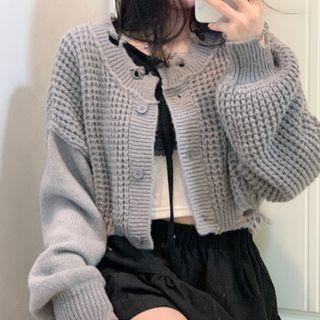 Long-sleeve Plain Distressed Knit Cardigan / Set: Off-shoulder Long-sleeve Cropped Top + Halter Camisole Top