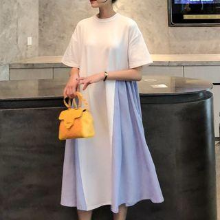 Short-sleeve Striped Panel A-line Midi Dress