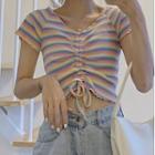 Short-sleeve Rainbow Stripe Knit Top Stripes - Multicolour - One Size