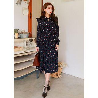 Long-sleeve Tie-front Frill-trim Pattern Midi Dress