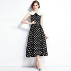 Sleeveless Collared Dotted Midi A-line Dress