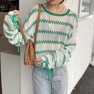 Drawstring Round-neck Striped Mesh Long-sleeve Top