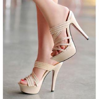 Rhinestone Strappy High-heel Platform Sandals