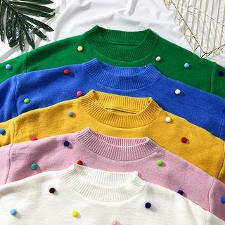 Drop-shoulder Pompom-accent Sweater