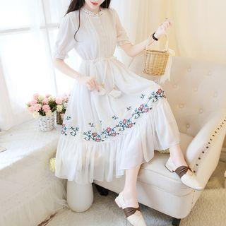 Elbow-sleeve Lace Trim Embroidered A-line Midi Chiffon Dress