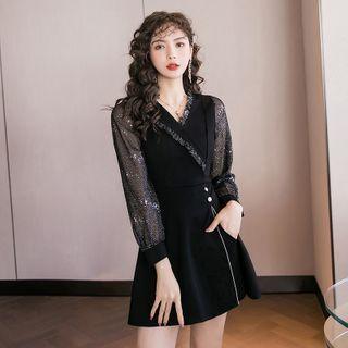 Set: Mesh-panel Buttoned Dress + Shorts