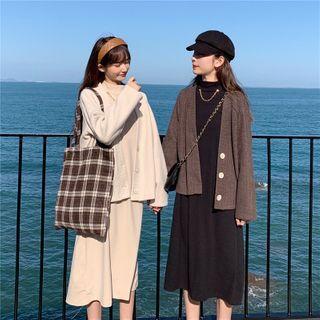 Buttoned Knit Cardigan / Mock Neck Long-sleeve Dress