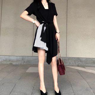 Mock Two-piece Striped Panel Short-sleeve Mini A-line Dress