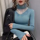 Mock-turtleneck Lace Panel Ribbed Knit Top