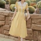 Short-sleeve Color-block A-line Midi Dress