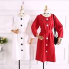 Long-sleeve Square-buttoned Shirt Dress With Belt