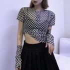 Set: Short-sleeve Checker Print T-shirt + Arm Sleeves T-shirt & Arm Sleeves - Black & White - One Size