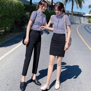 Set Of 3: Short-sleeve Striped Shirt + Skirt + Cropped Pants / Straight Cut Pants