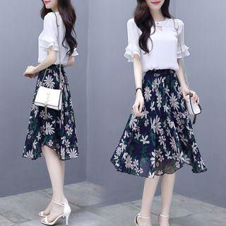 Set: Elbow-sleeve Ruffled Cuff Blouse + Chiffon Midi Skirt