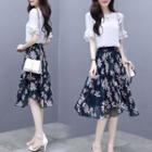 Set: Elbow-sleeve Ruffled Cuff Blouse + Chiffon Midi Skirt