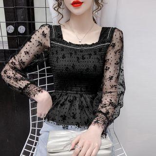 Long-sleeve Floral Print Mesh Shirred Peplum Top