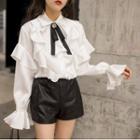 Ruffle Long-sleeve Blouse With Brooch