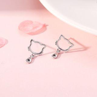 925 Sterling Silver Cat & Fish Stud Earrings 1 Pair - As Shown In Figure - One Size