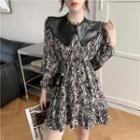 Set: Long-sleeve Zebra Print Mini A-line Dress + Chain Strap Crossbody Bag