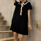 Sailor-collar Bow-neck Short-sleeve Dress Navy Blue - One Size