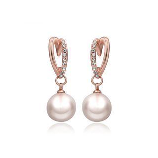 Plated Rose Gold Pearl Earrings With Austrian Element Crystal Rose Gold - One Size