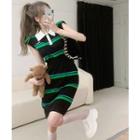Set: Padded-shoulder Striped Polo Shirt + High-waist Mini Pencil Skirt