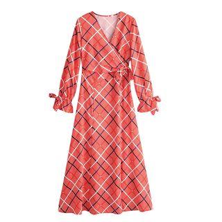 V-neck Tie-cuff Patterned Midi A-line Dress