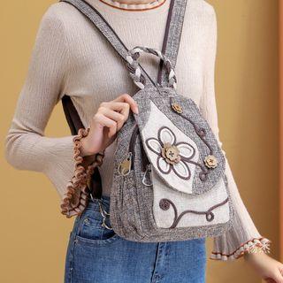 Flower Applique Cotton Blend Backpack Light Gray - One Size
