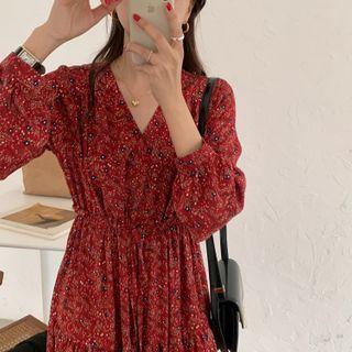 Long-sleeve V-neck Floral Loose Fit Dress Dress - One Size