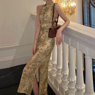 Sleeveless Halter Print Slit-side Sheath Dress