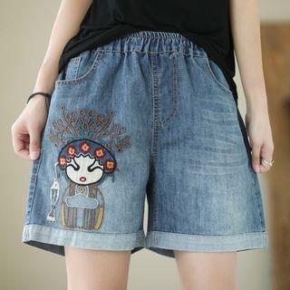 High-waist Embroidered Printed Denim Shorts