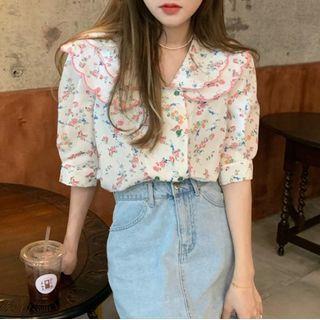 Short-sleeve Contrast Trim Floral Blouse