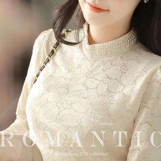 Mock-neck Faux-pearl Beaded Lace Top