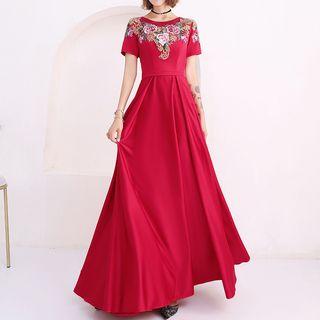 Flower Embroidered Short Sleeve Prom Dress