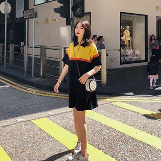 Collared Short-sleeve Color Block Mini Dress