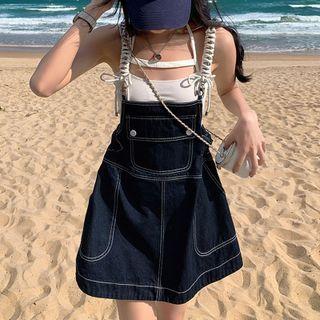 Contrast Stitching Denim Mini Overall Dress