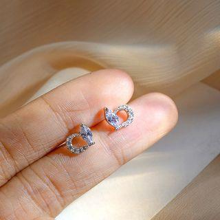 925 Sterling Silver Rhinestone Heart Earring 1 Pair - Earrings - Love Heart - One Size