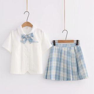 Short-sleeve Bow Shirt / Pleated Mini Skirt