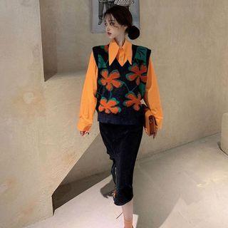 Plain Shirt / V-neck Floral Vest / Midi Skirt / Set