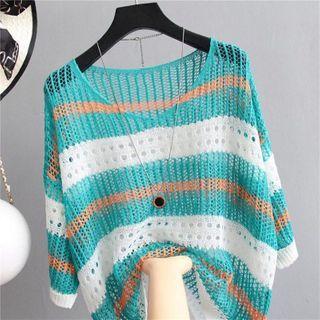 Elbow-sleeve Striped Pointelle Knit Top