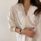 Lace Trim Long-sleeve V-neck Blouse White - One Size