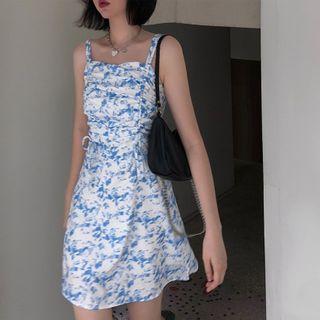 Spaghetti Strap Printed Drawcord A-line Mini Dress