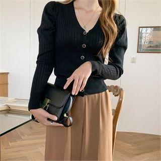 V-neck Puff-sleeve Ribbed Cardigan